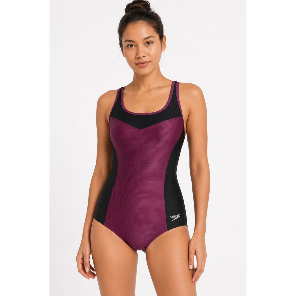 Speedo One Piece Swimsuit Women M Purple Black Racerback Athletic Lap Swim